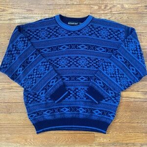 RETRO VINTAGE NAVY BLUE CREWNECK ARGYLE PULLOVER SWEATER